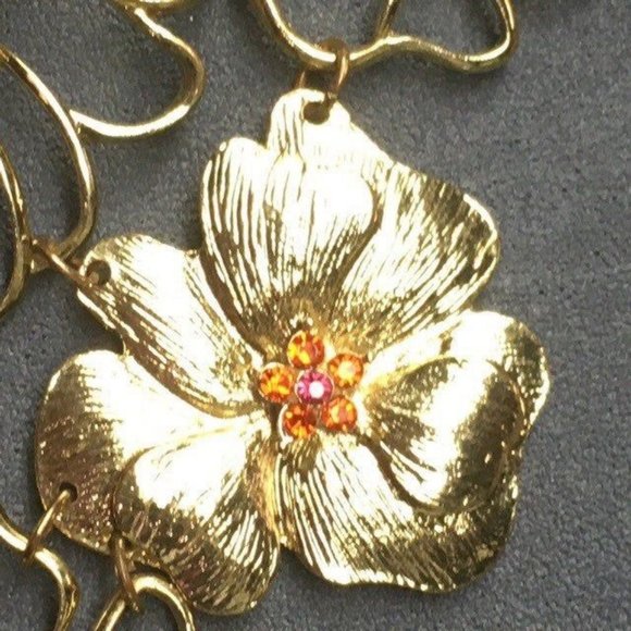 Flowers Bib Statement Necklace Orange Rhinestone Gold Chain Wire Detailed Retro - Picture 5 of 9
